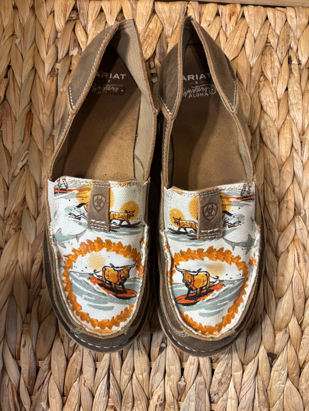 Ariat Kids Tan and White Surfing Bull Slip-On Moccasins